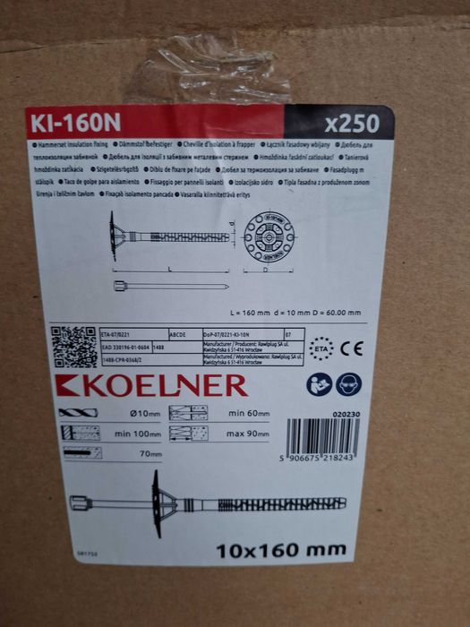 Kołki do styropianu 10x160 Koelner z metalowym trzpieniem NOWE 250 szt
