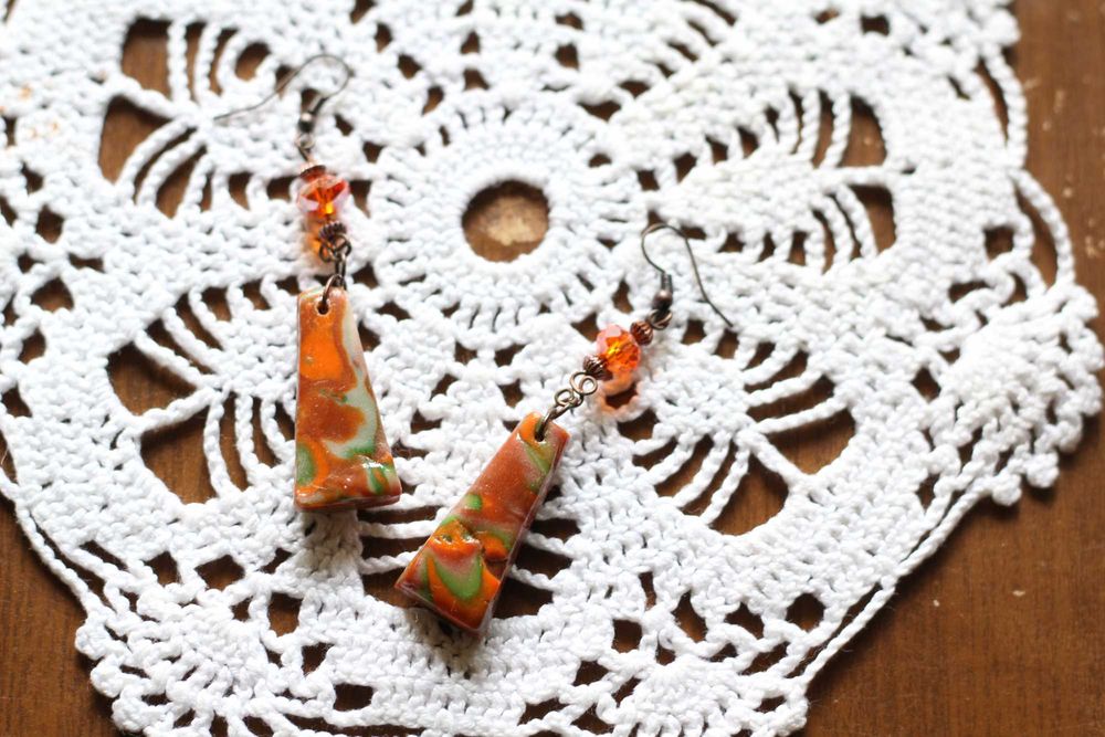 Сережки ручной работы в новогодних оттенках "Ёлка с мандаринами"