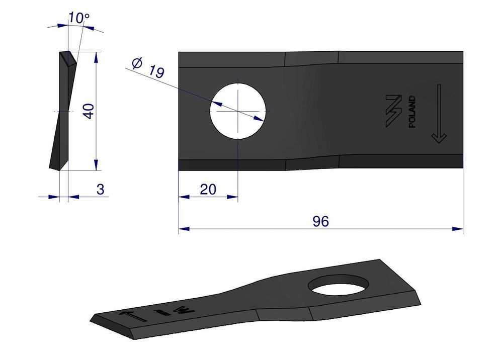 Nożyk kosiarka prawy 96x40x3mm otwór 19  Deutz Fahr Kverneland  25szt