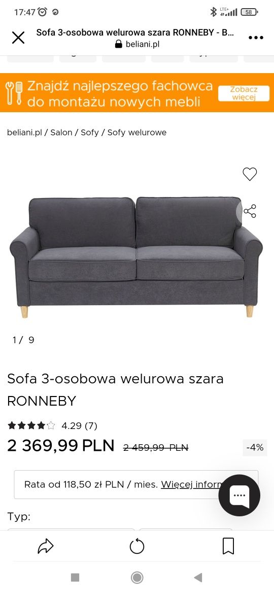 Sofa 3 osobowa Ronneby welurowa szara na nóżkach