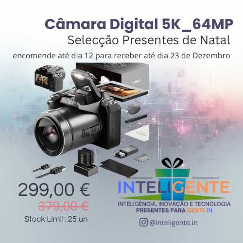 Câmara Digital Profissional - 5K · 64MP · Zoom Óptico 16X