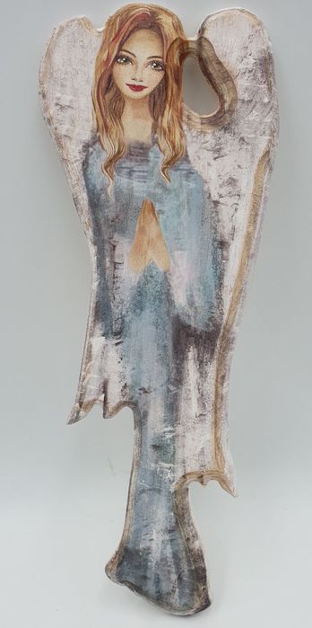 Anioł Drewniany Malowany Niebieski 30 Cm