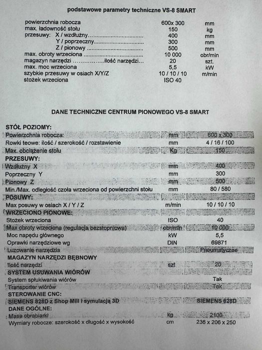 Frezarka CNC centrum obróbcze KOMPLETNE z dokumentami FV