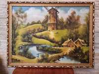 Duży obraz malowany wiatrak obraz w drewnianej ramie. Obraz prl.