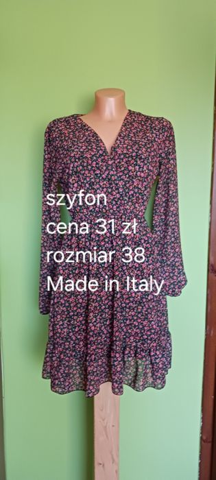 Czarna szyfonowa sukienka w kwiaty  Made in Italy rozmi38