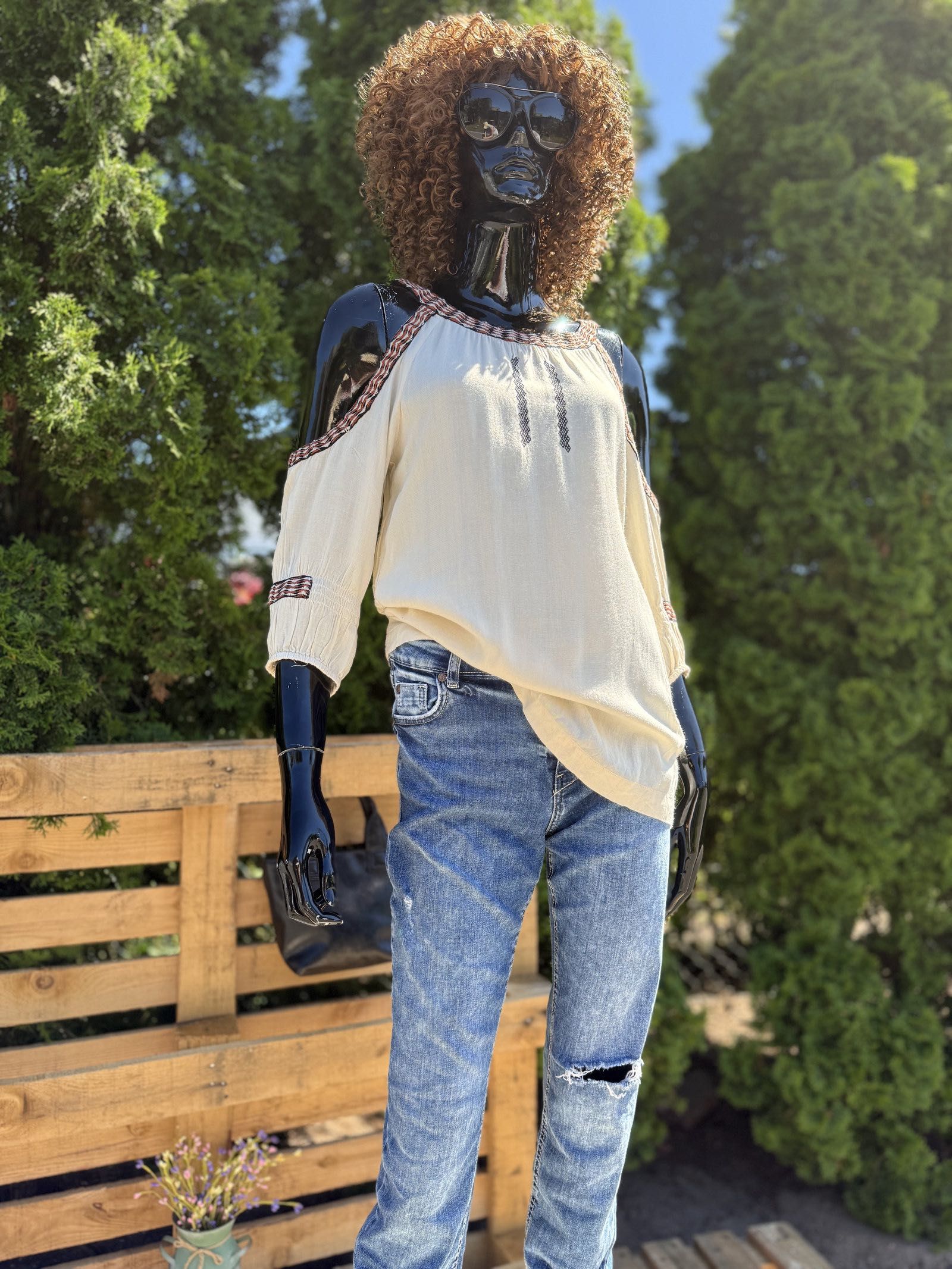 " Bluzka Odkryte Ramiona Boho Stradivarius S "  Wiskoza ||