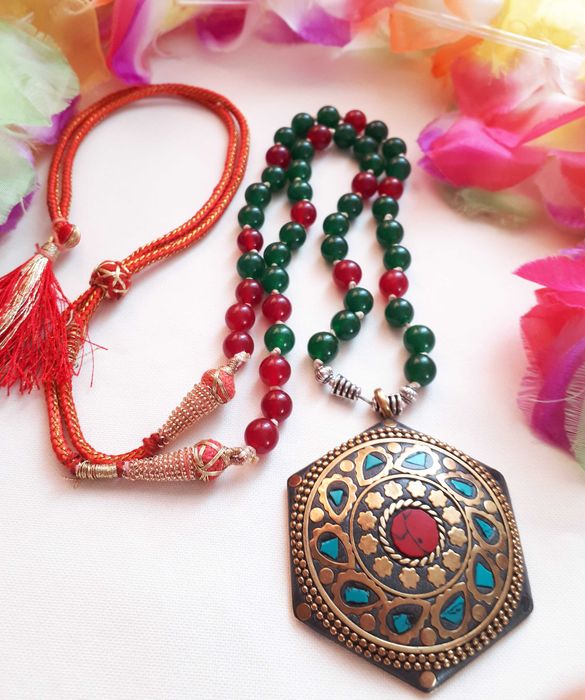 Orientalny naszyjnik z Indii Kamienie  Rubin i Szmaragd