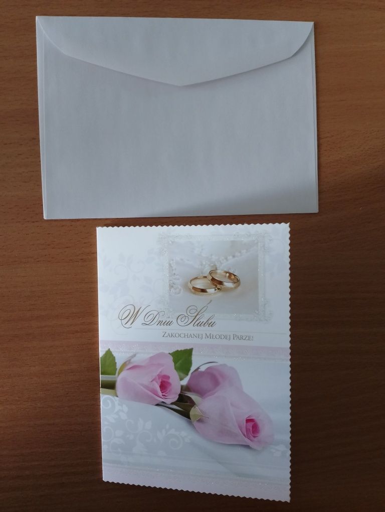 Kartka okolicznościowa z życzeniami W DNIU ŚLUBU, składana z kopertą
