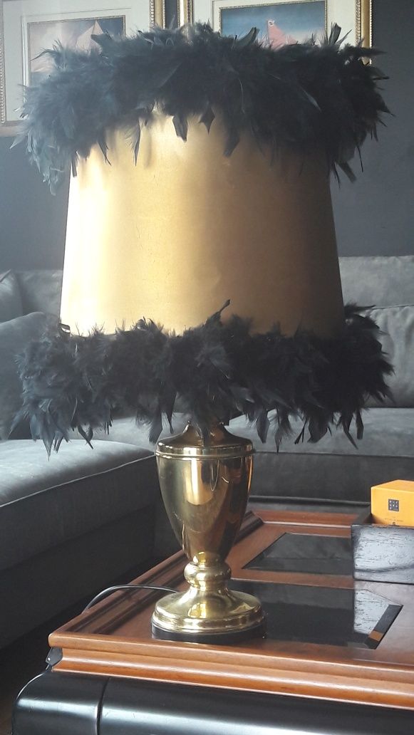 Vintage Złota LAMPA Stołowa Złoty Abażur Pióra