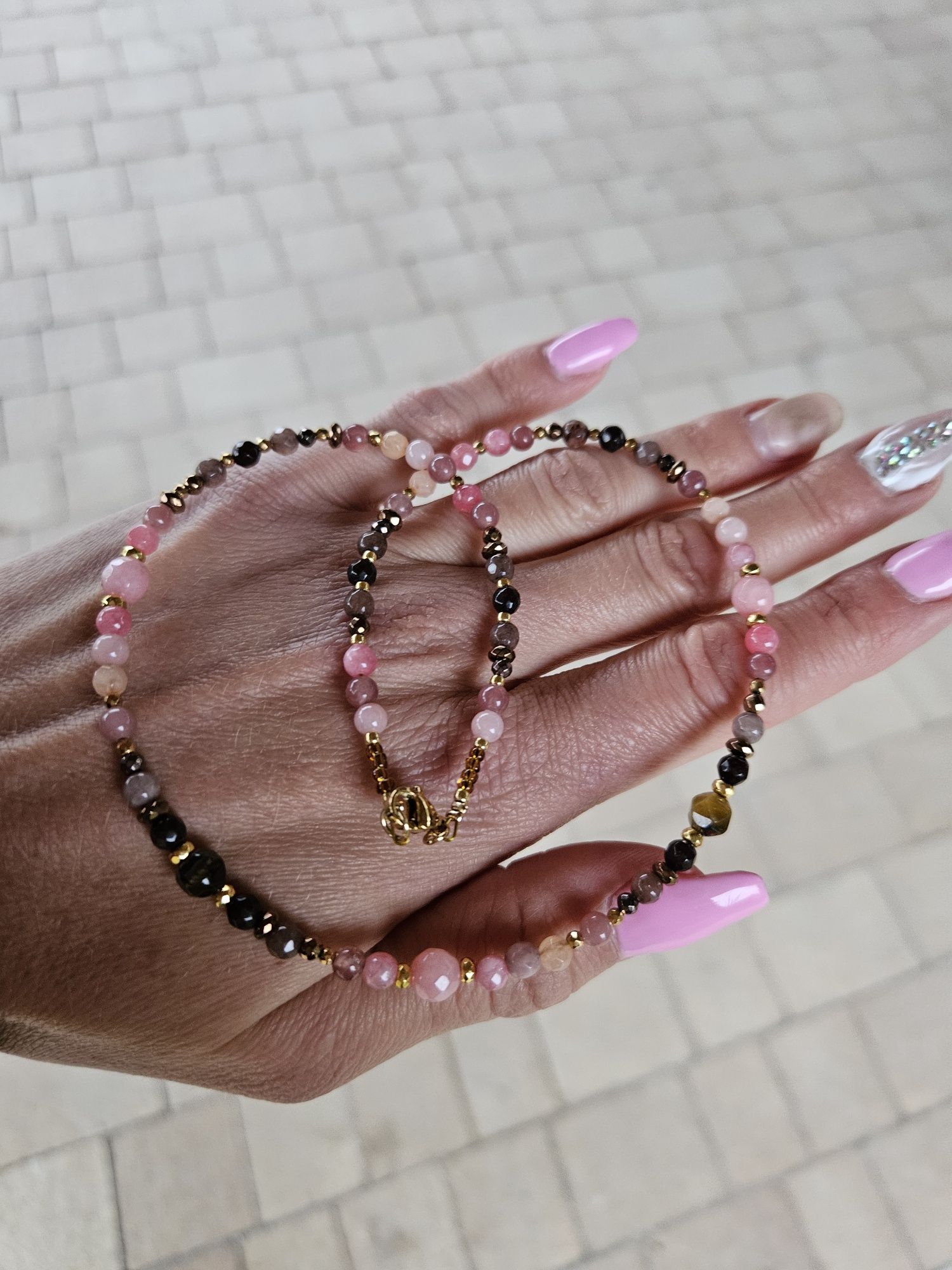 Naszyjnik Choker kamienie Tygrysie oko Rodonit Agat Jadeit Hematyt