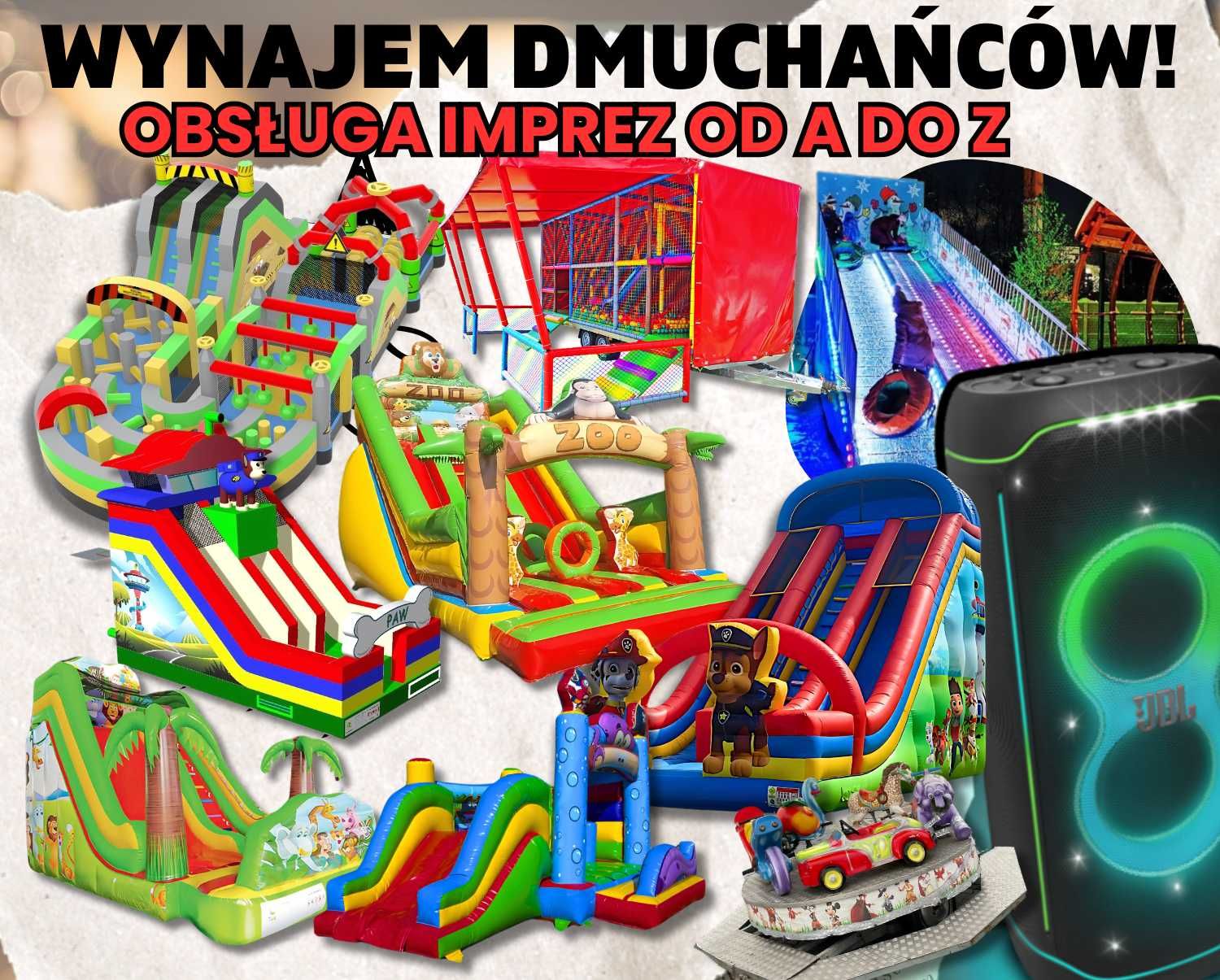 Wynajem dmuchańców Zjeżdżalni Tor przeszkód SNOWTUBING Festyny Imprezy