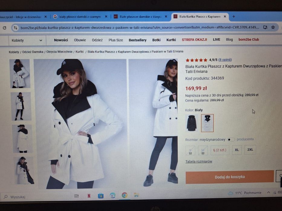 Biała Kurtka Płaszcz z Kapturem Dwurzędowa z Paskiem w Talii Eriviana