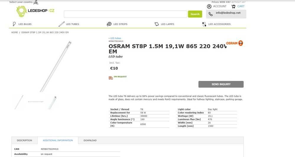 Lote de 9 Tubo LED Osram ST8P (1465)