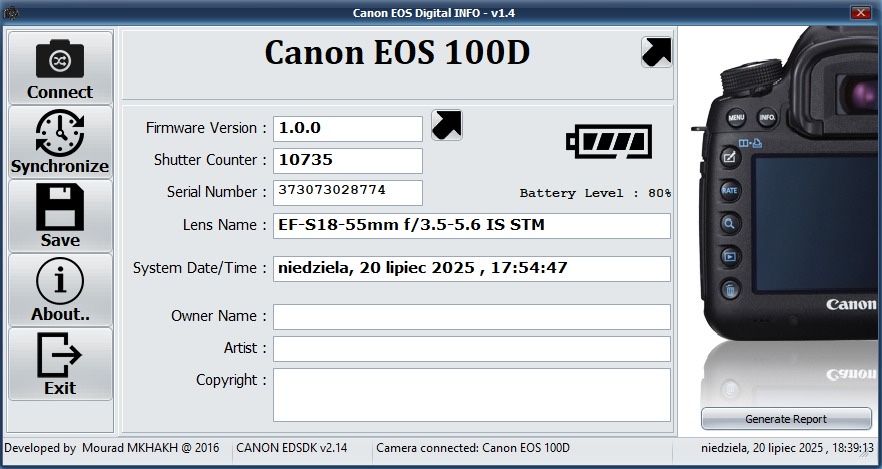 Canon EOS 100D + 18-55 IS STM (bardzo dobry+)