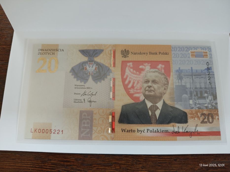 Banknot 20zł 2021 r. Lech Kaczyński. Warto być Polakiem nr LK000522x