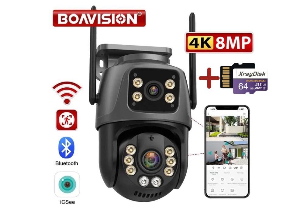Boavision 8МП, двойная уличная WiFi камера видеонаблюдения +карта 64gb