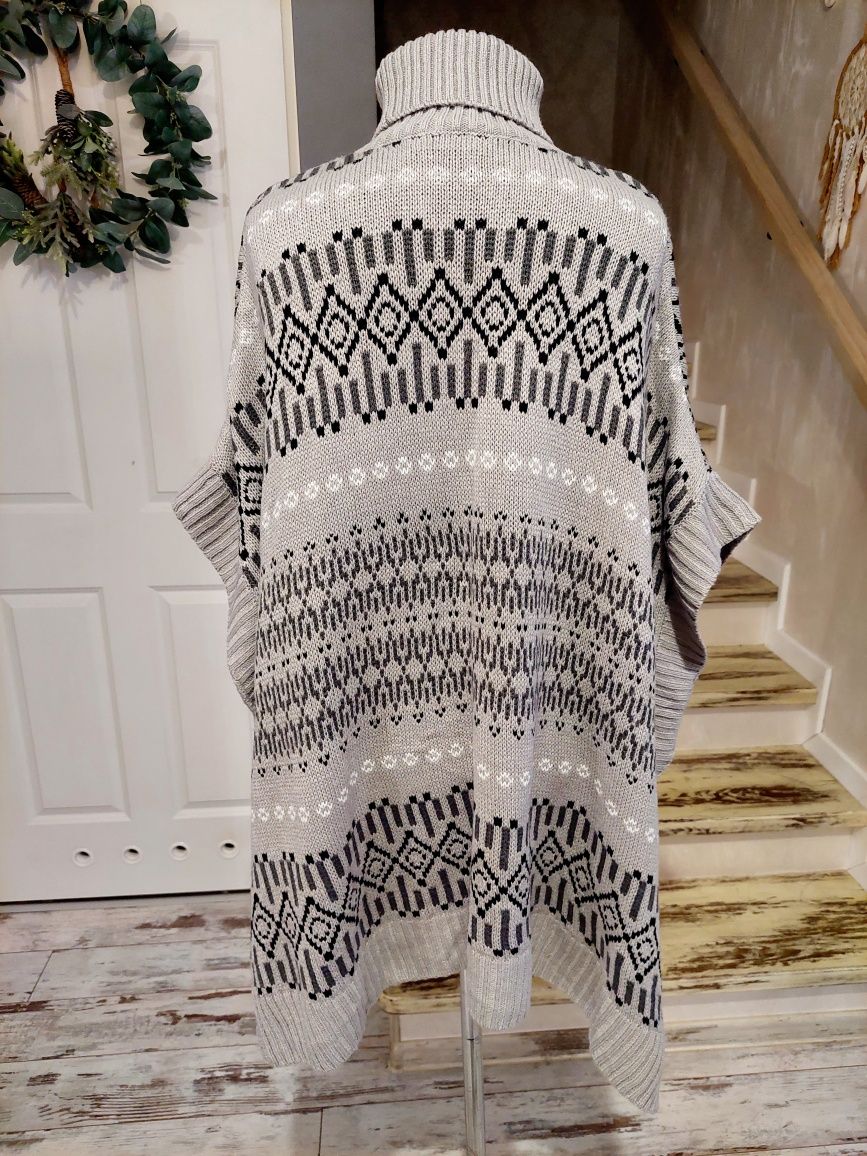 Blue Motion szare ponczo z golfem, norweskie wzory, oversize r. S/M