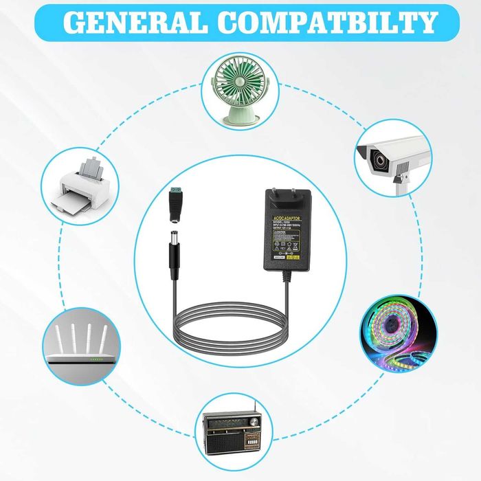 Ładowarka Zasilacz Uniwersalny 12V 5A 60W DC wtyczka EU + przejściówka