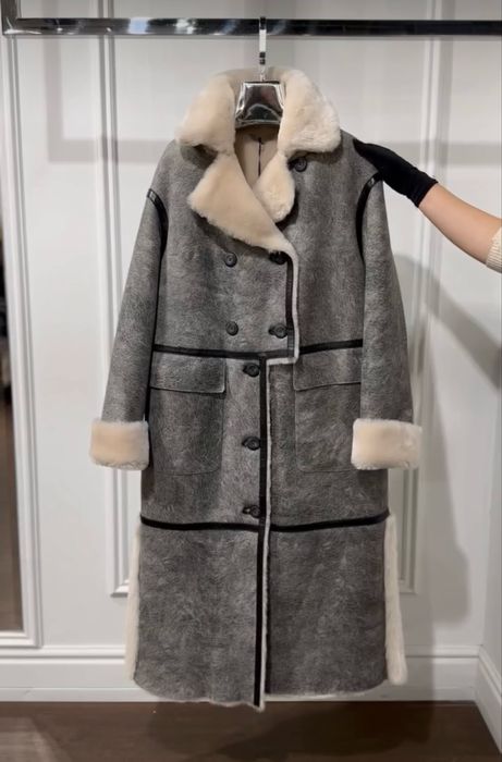 Дубленка из овчины длинная серая