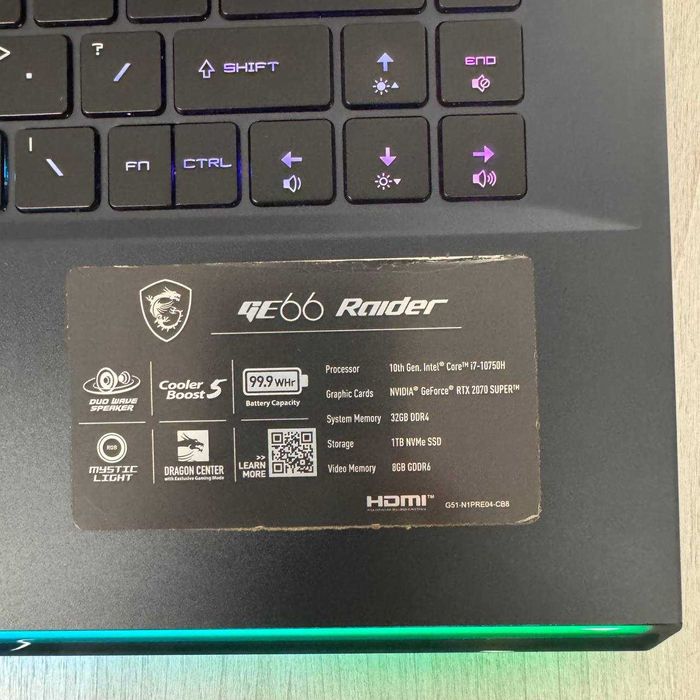 MSI Raider GE66 10SFS  240Hz  i7-10750H 32GB SSD 1TB RTX 2070 Super
