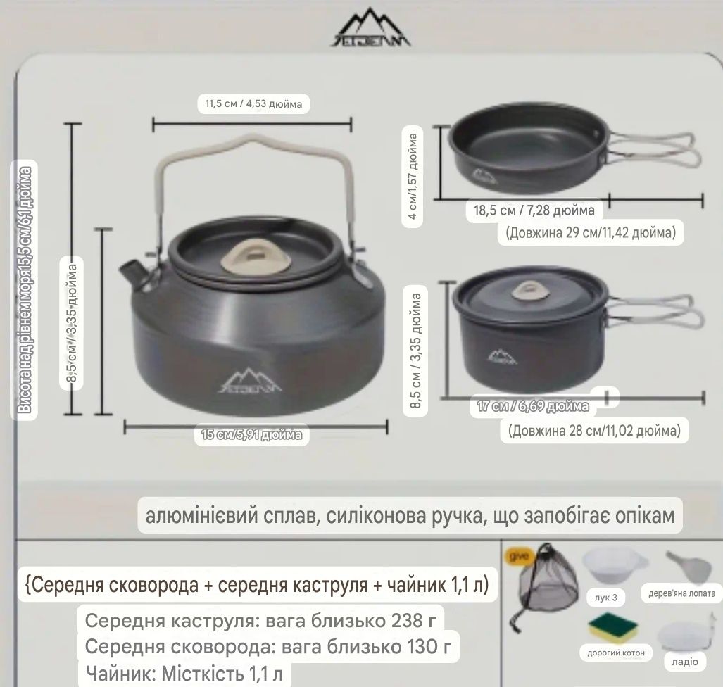 Набір посуду для кемпингу представлений у двох видах