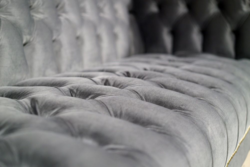 Sofa Kanapa Na Wymiar Chesterfield + Pufa Popiel Szara Retro PRL Loft