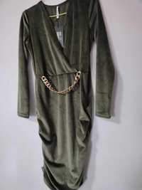 Sukienka damska khaki,długi rękaw, welur, dekolt v, elegancka, r m/l