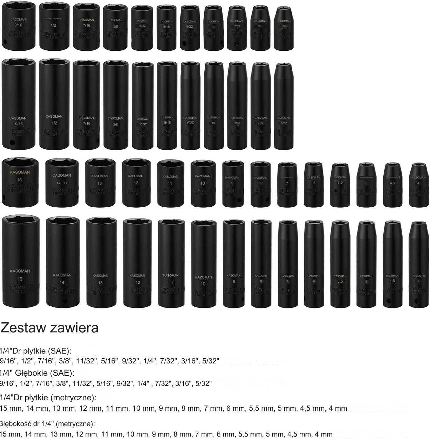CASOMAN Zestaw nasadek udarowych 1/4 cala, 50-częściowy