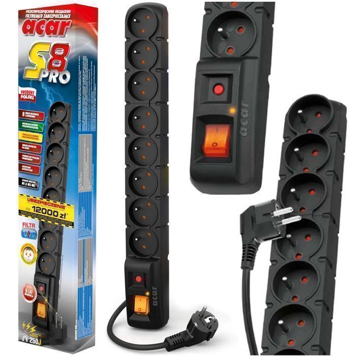 Listwa przedłużacz przeciwprzepięciowy ACAR S8 PRO 3m 8 gniazd W0143