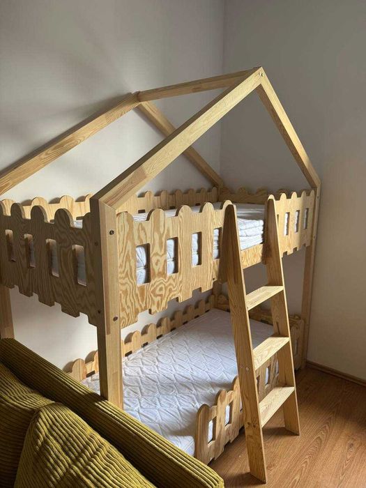 Łóżko piętrowe 80x180 z drewna + 2 materace