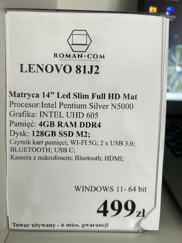Laptop Poleasingowy Lenovo 81J2/SSD 128GB/4GB DDR4/14/I.PENTIUM SILVER