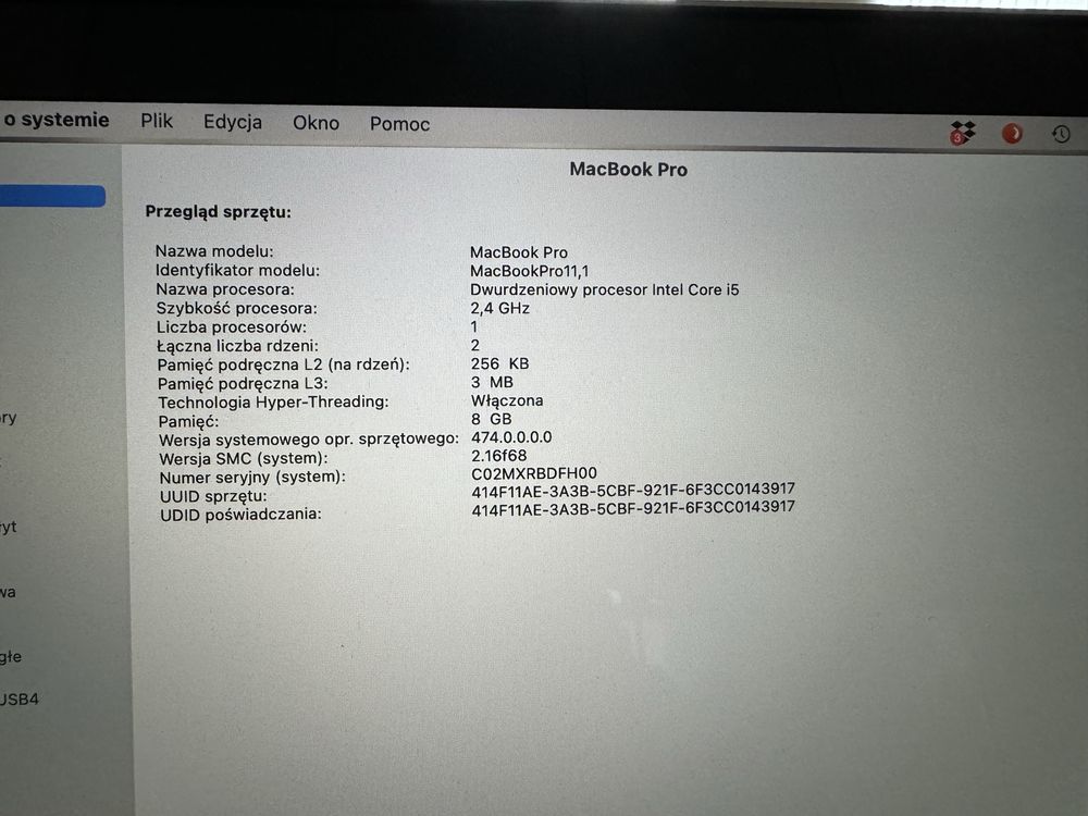 Macbook Pro late 2013 8gm ddr3 dysk 250gb