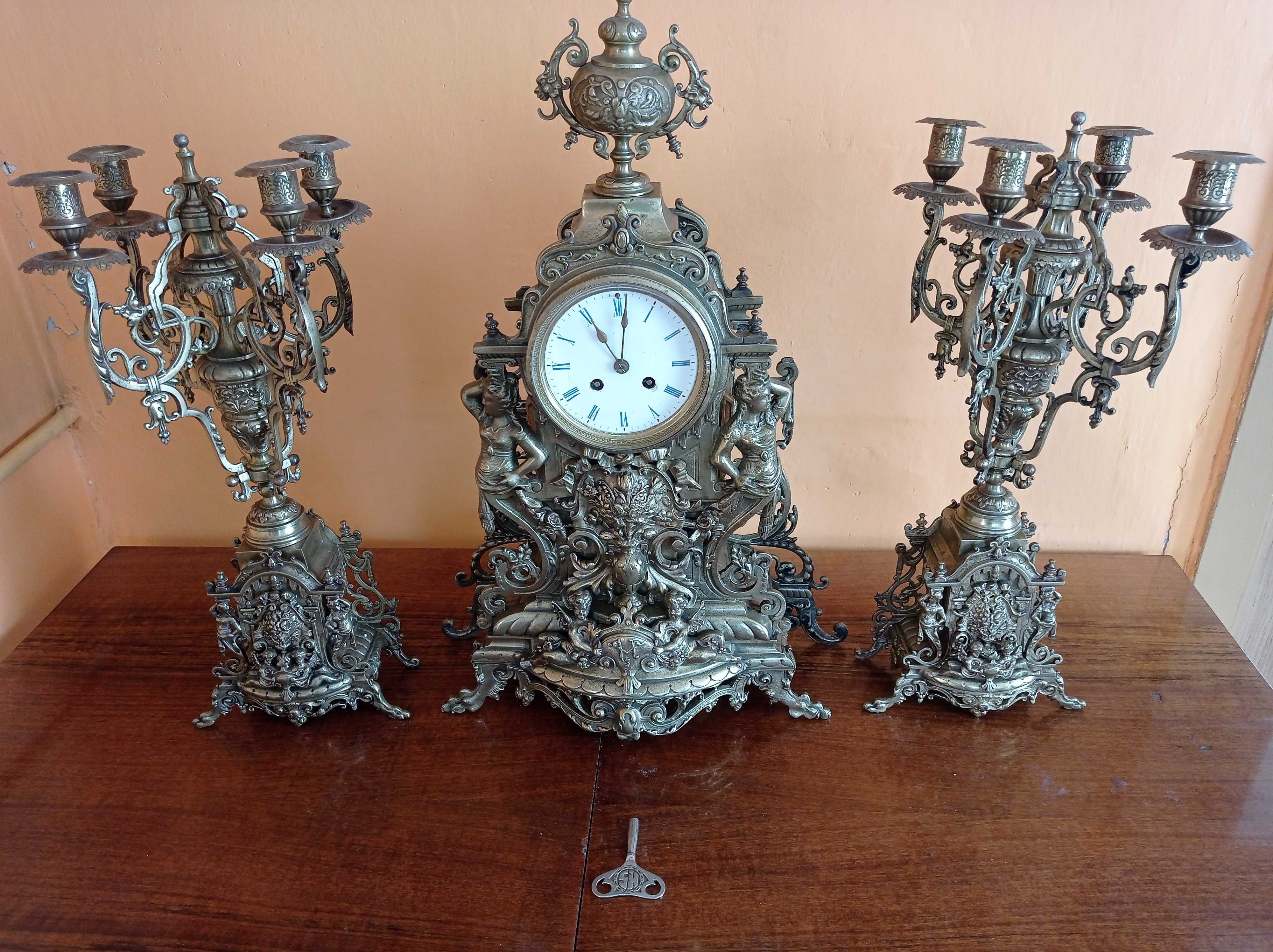 Stary zegar kominkowy + 2 świeczniki - 18 kg - brąz - PIĘKNE !