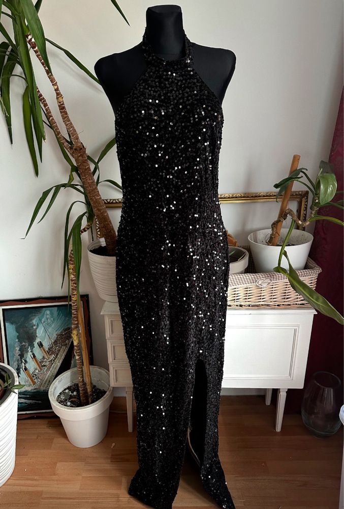 Czarna cekinowa sukienka maxi L 40 xl 42 welurowa Boohoo
