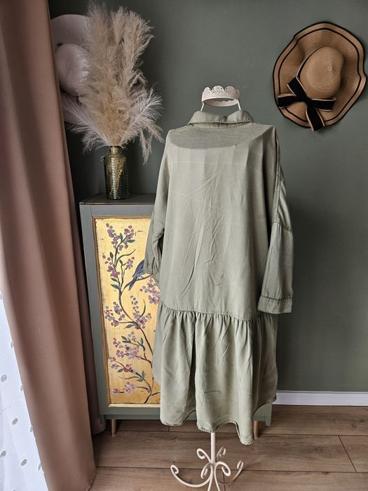 Oliwkowa sukienka z rękawem 3/4 koszulowa  damska Zara Basic lyocell S