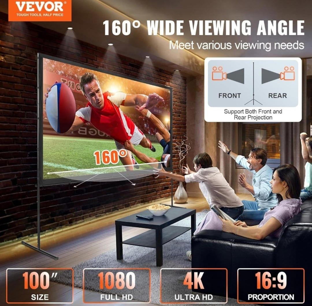 VEVOR Ekran projektora ze stojakiem, 100" 16:9 4K 1080 HD zewnętrzny