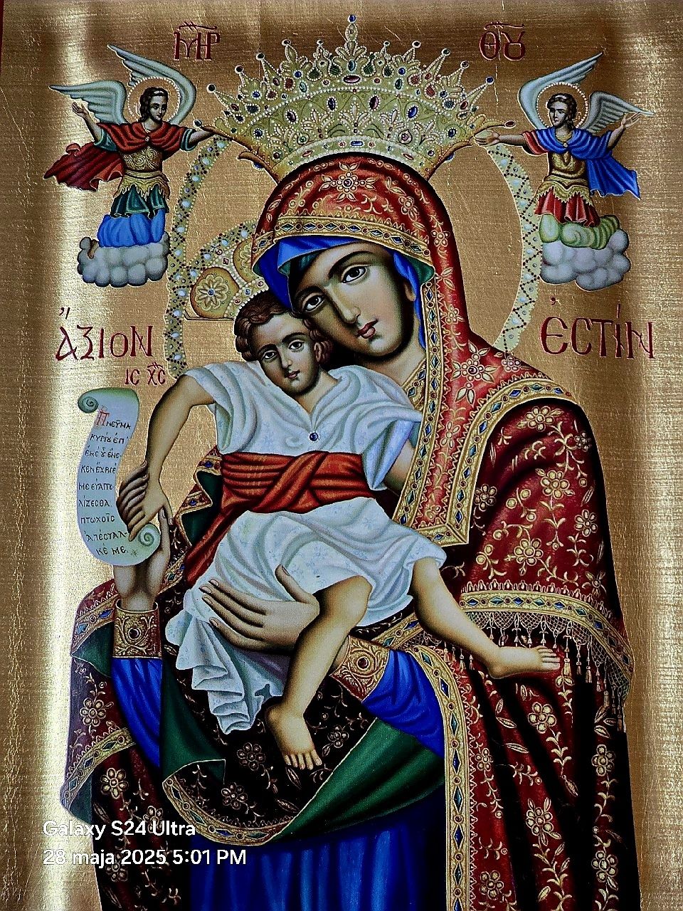 Piękna Ikona Grecka prawosławna na desce Matka Boża z Dzieciątkiem.