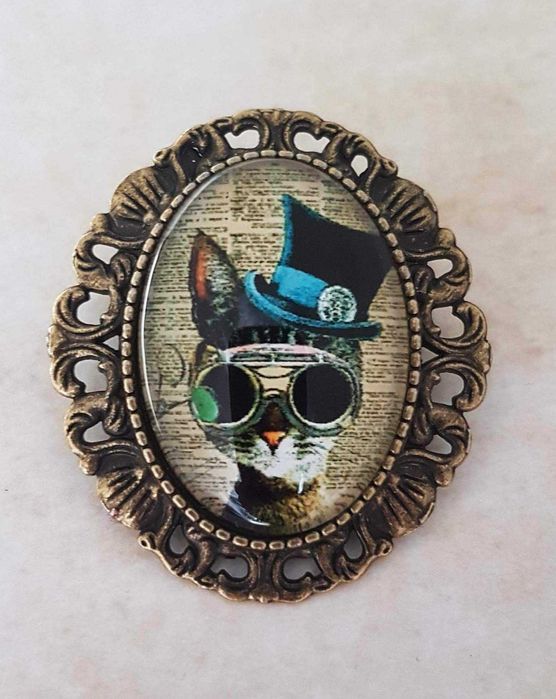 Broszka w kolorze starego złota -  Steampunk  Kocur - Vintage