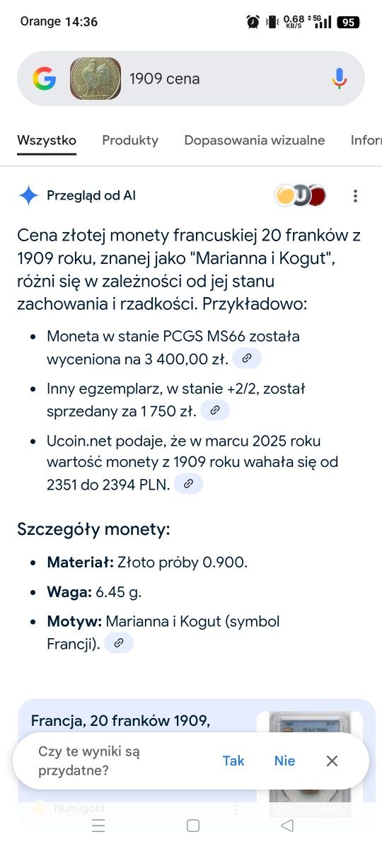 20 franków z 1909 roku - Francuska unikatowa moneta