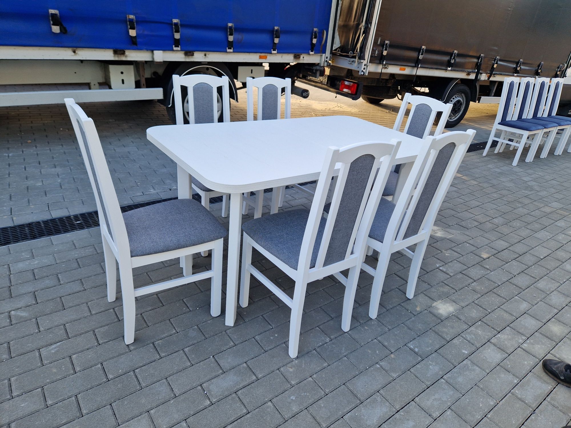 Nowe: Stół 80x140/180 + 6 krzeseł, BIAŁY + SZARY,transport cała POLSKA