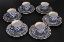Łomonosow porcelanowy serwis kawowy kobaltowa siatka 6 x trio