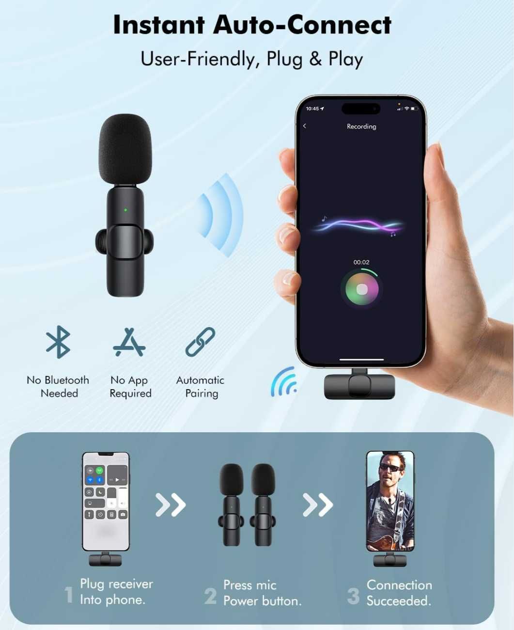 2 беспроводных петличных микрофона для iPhone, Lightning, для блогеров