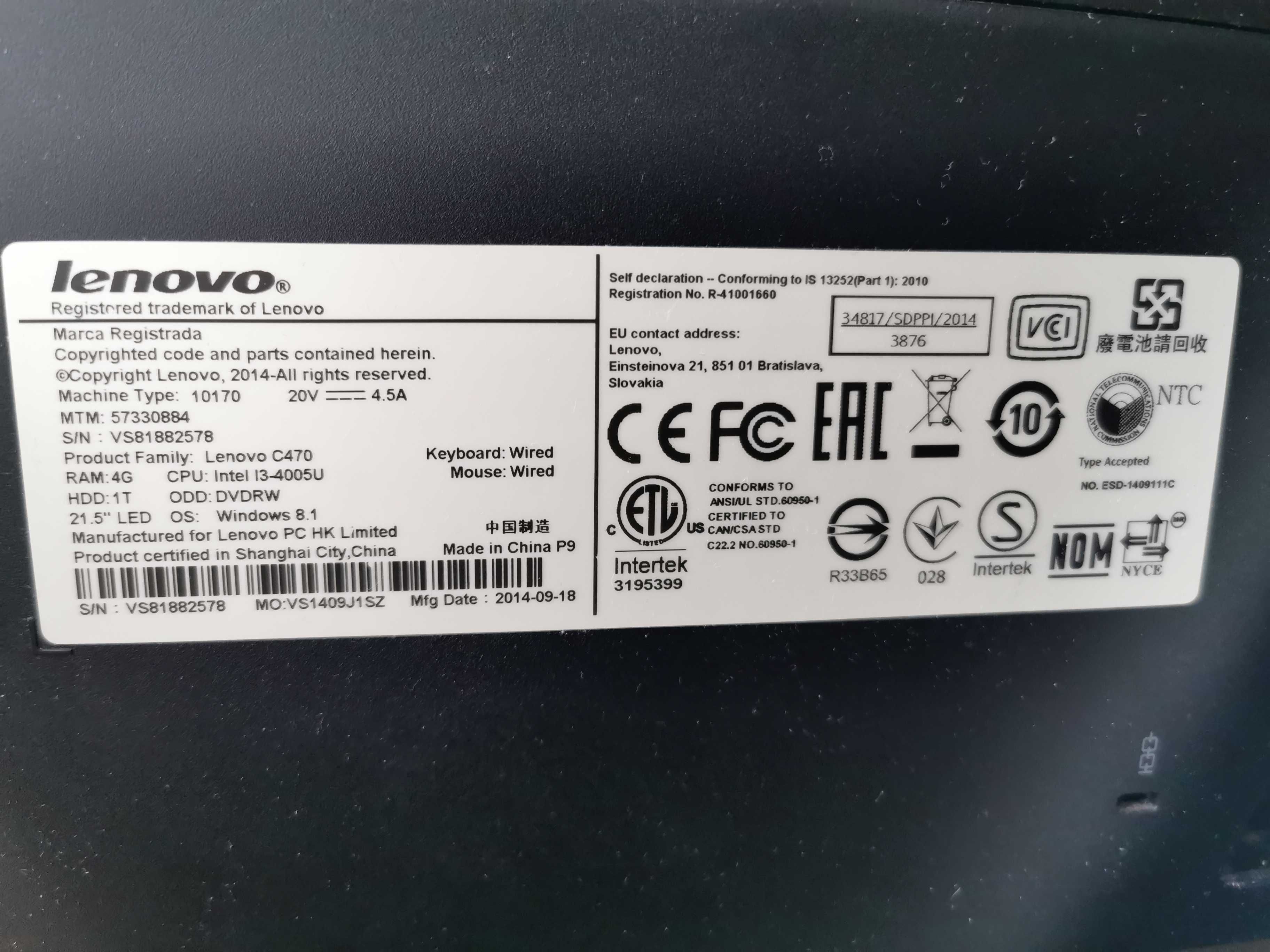LENOVO C470 All in One i3-4005U RAM 8GB SSD 120GB - zaopiekuj się mną!