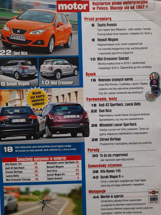 MOTOR Delta, Audi, Alfa 145, Lancer, Ibiza, Toyota IQ, Megane rok 2008