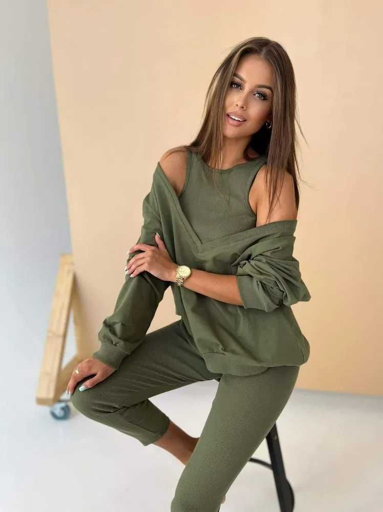 Komplet 3 częściowy bawełniany. Top i legginsy prążek, bluza oversize