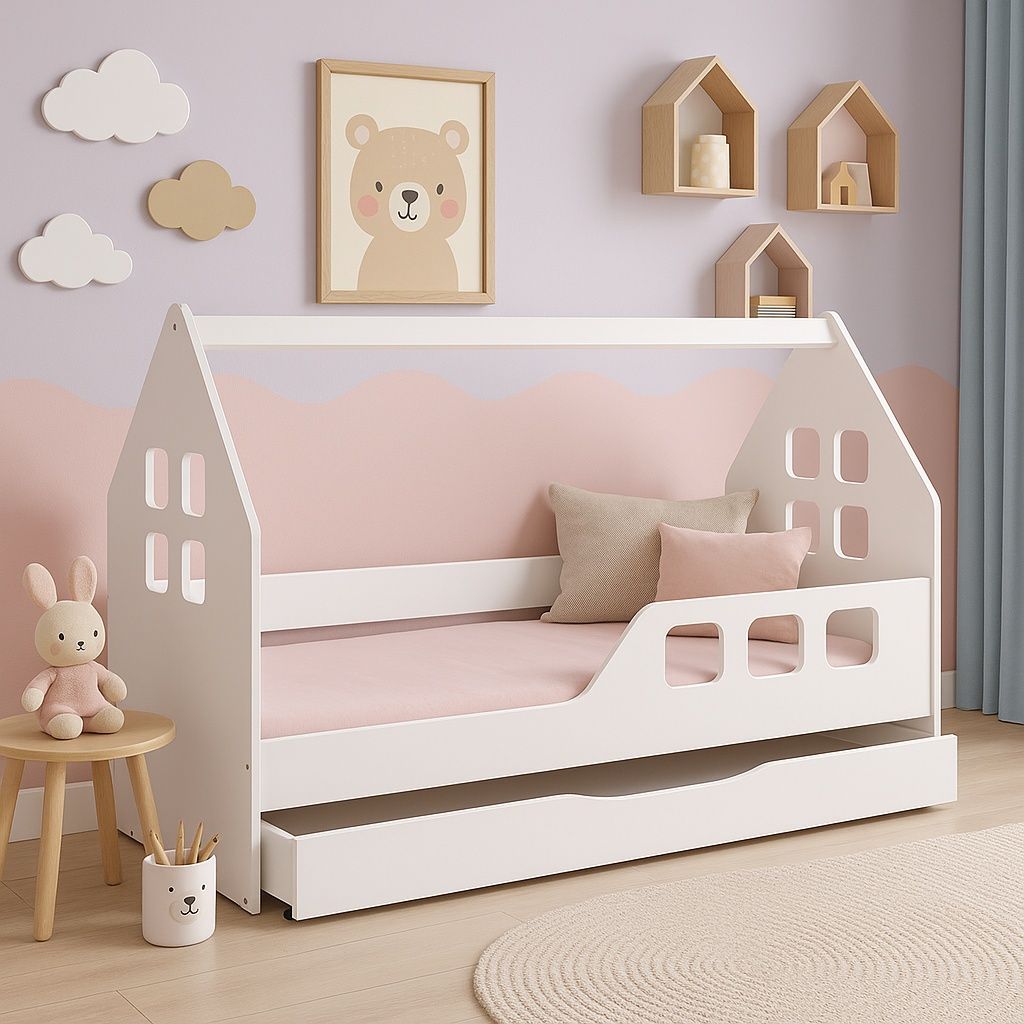 Łóżko DOMEK z SZUFLADĄ 160x80 dla dziecka BIAŁE + materac GRATIS