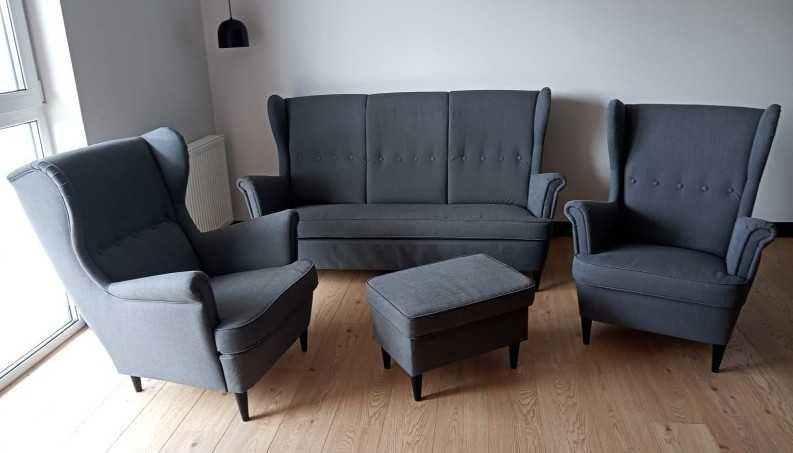 Zestaw wypoczynkowy IKEA STRANDMON sofa, 2x fotel oraz podnóżek