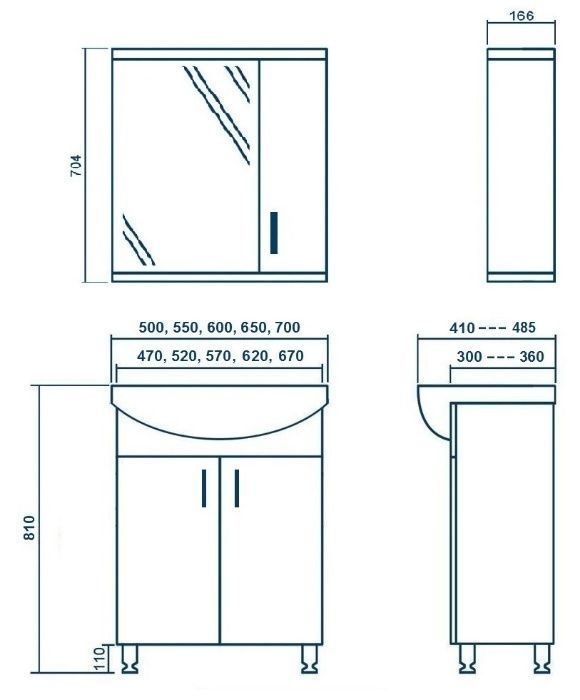 Комплект мебели 50см в ванную комнату: тумба с умывальником и зеркало.