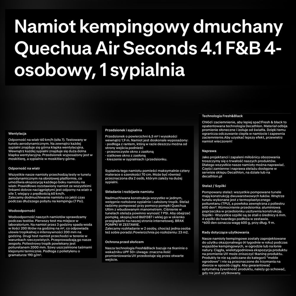 Namiot Decathlon Quechua Air Seconds 4.1 F&B - dmuchany (jak NOWY)