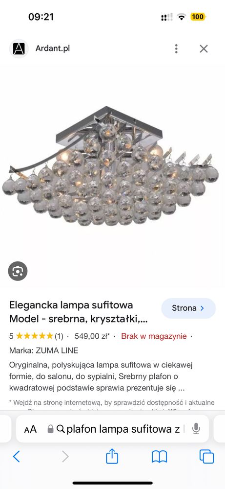 Lampa plafon sufitowy z kryształkami Zuma Line MEDEL, żyrandol